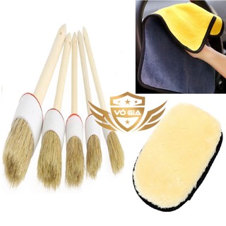 Bộ 5 cọ lông heo cán gỗ mềm rửa xe chi tiết chuẩn detailing