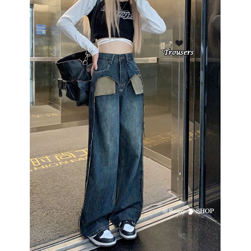 QADCOL Thiết Kế Với Túi Quần Jean Ống Rộng Thẳng Lưng Cao Phối Màu Tương Phản Cho Nữ