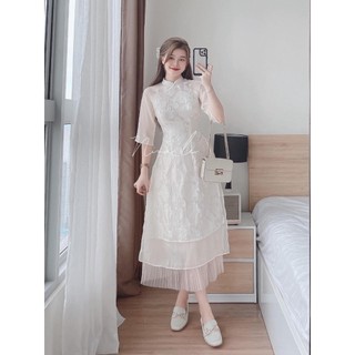 Set áo dài ren nổi phối chân váy dập ly