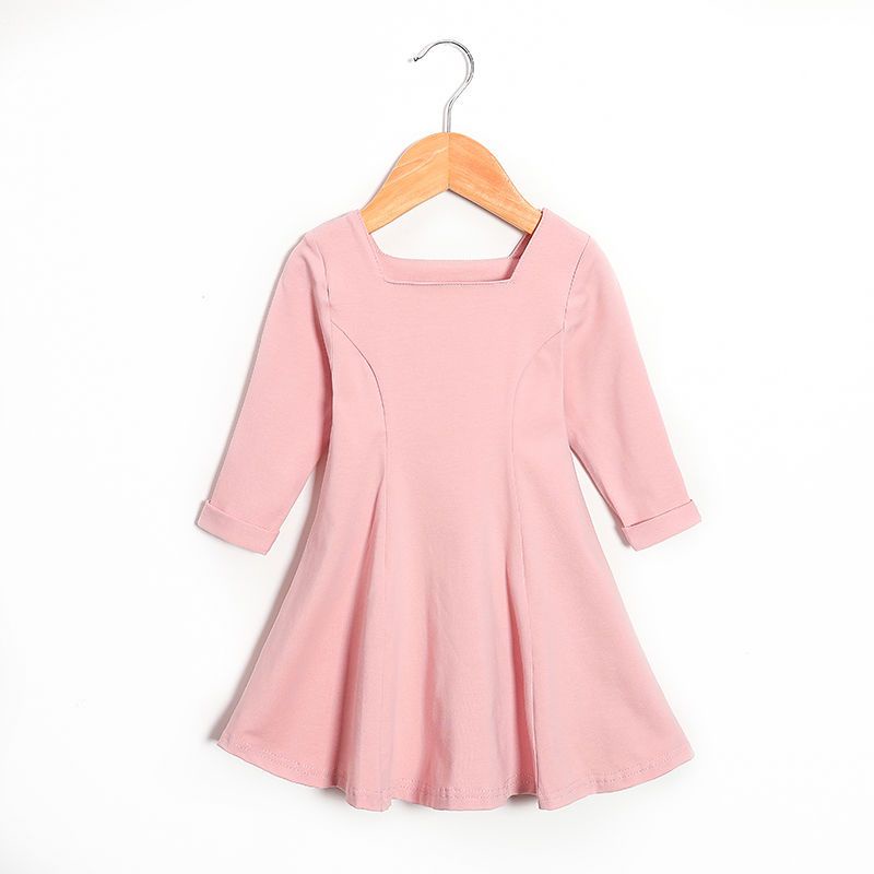 Đầm Cotton Một Mảnh Tay Dài Cổ Vuông Phong Cách Hàn Quốc Nhật Bản Mới Cho Bé Gái 1-8 Tuổi