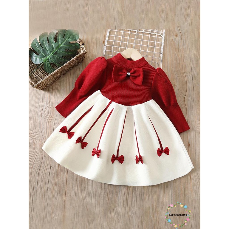 Đầm Chữ A Tay Dài Cổ Tròn Phối Nơ Thời Trang Mùa Thu Cho Bé Gái