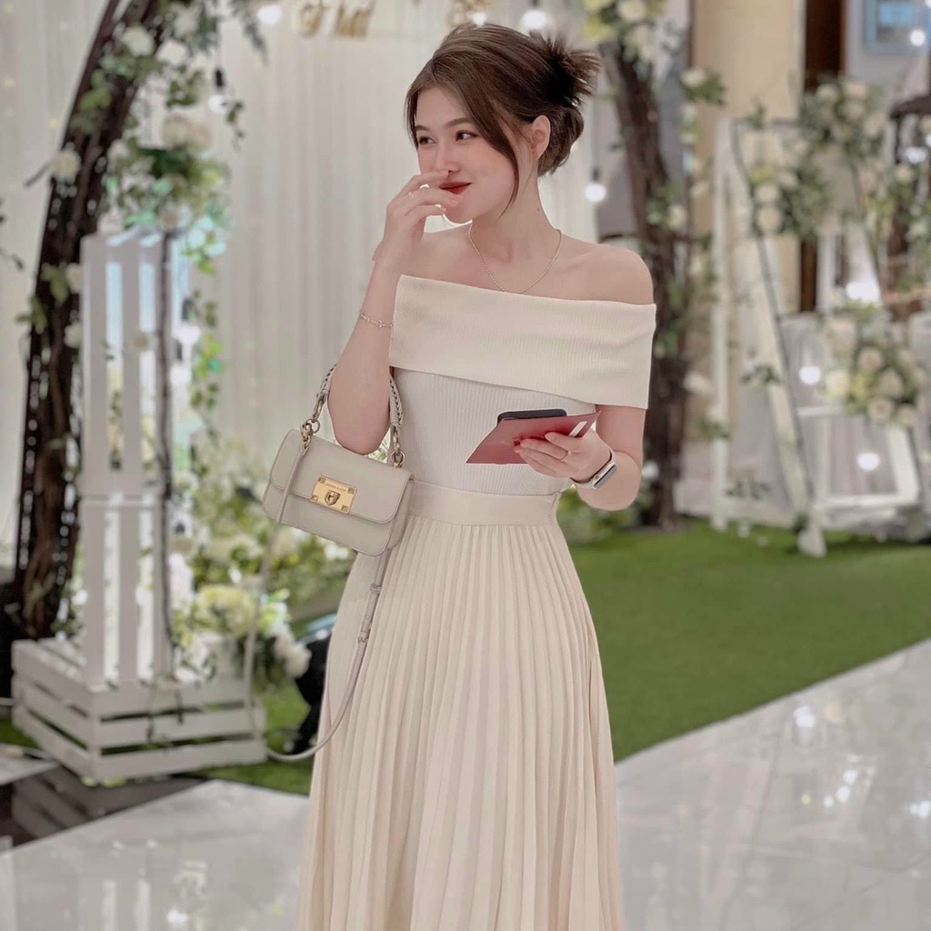 Sét váy nữ thời trang mặc đi tiệc áo gân trễ vai phối che ngực chân váy chất for maxi xếp ly xoè phong cách bánh bèo