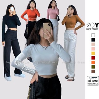 Áo croptop tay dài Cotton 100% JOY BABE áo thun baby tee trơn phông nữ brandy melville y2k 6E CROD 1