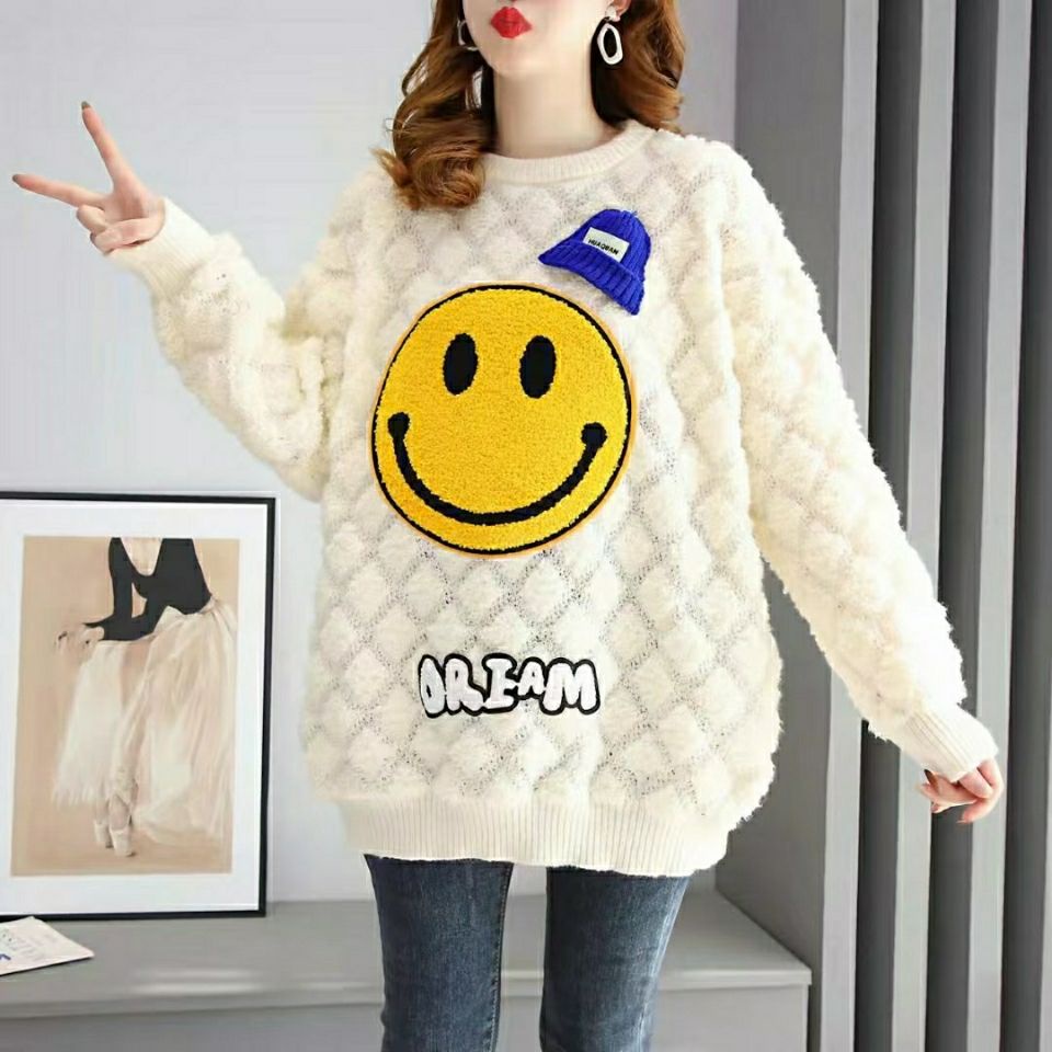 Áo Sweater Dệt Kim Thêu Hình Mặt Cười Phong Cách Hàn Quốc Thời Trang Thu Đông Hàng Mới