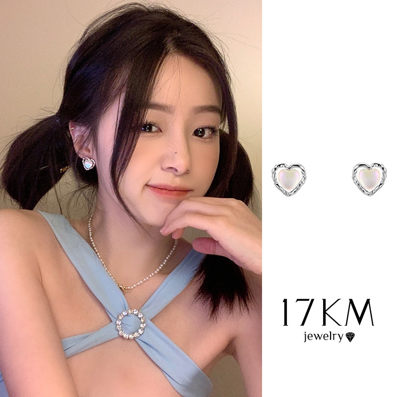 Khuyên tai 17KM mạ bạc mặt trái tim đá mặt trăng bất đối xứng thời trang đơn giản dành cho nữ