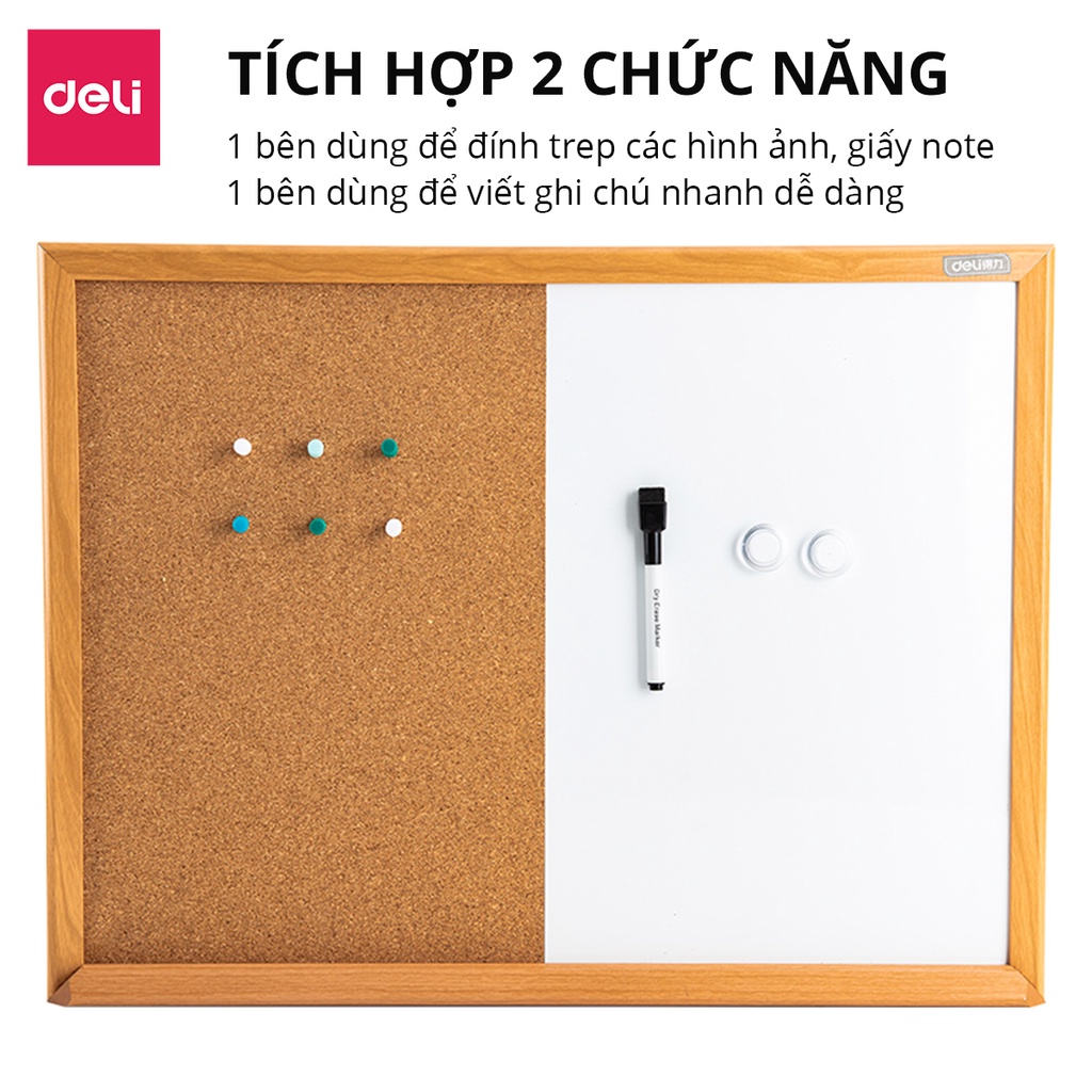 Bảng ghim gỗ bần viền gỗ kết hợp bảng trắng Deli, treo ảnh, trang trí, bảng thông tin văn phòng - 8750/8753