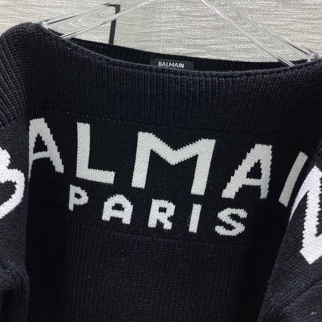 Balmain French hot girl temperament slimming sexy all-match 2022 autumn new one-character shoulder letter jacquard pullover sweater