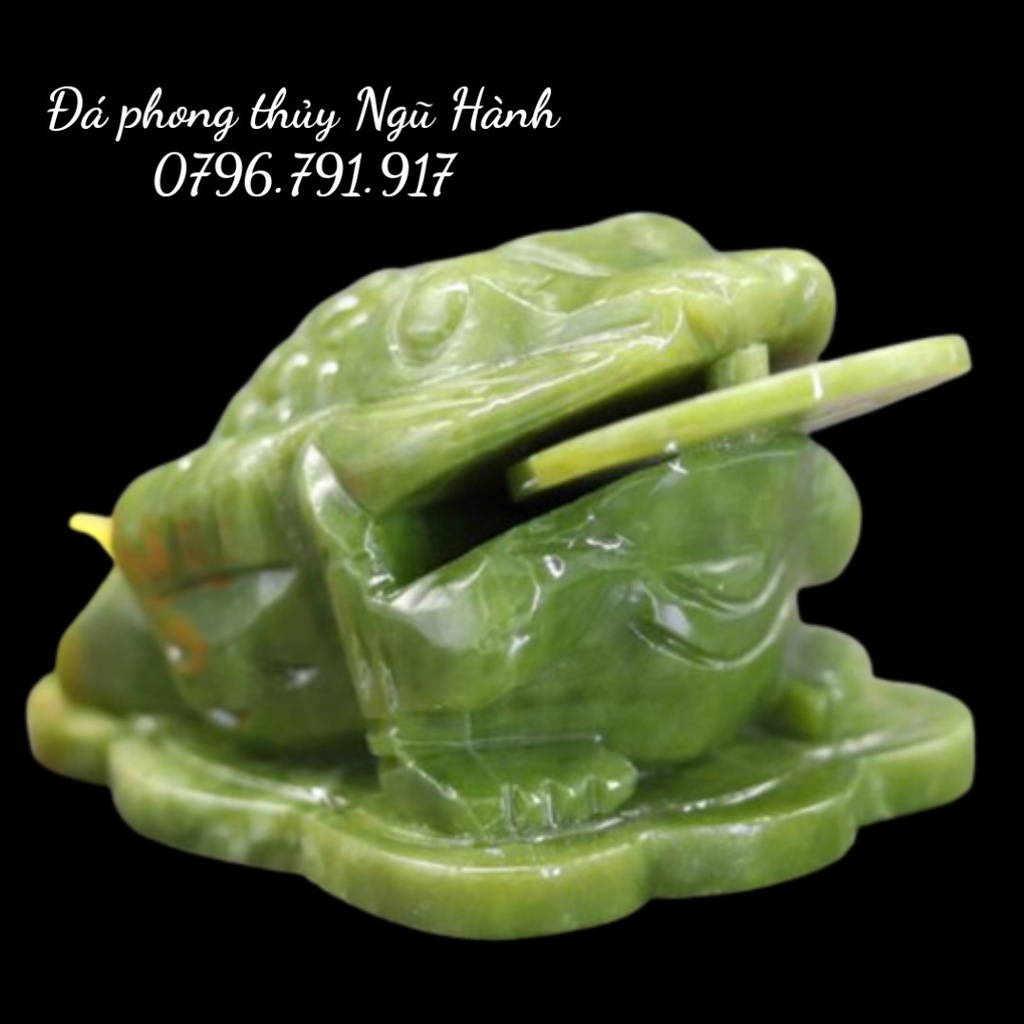 Thiềm Thừ Phong Thủy, Cóc Ngậm Tiền Đá Lam Ngọc Serpentine - Dài 12cm