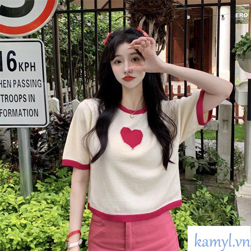 Áo Thun Dệt Kim Dáng Rộng Thời Trang Mùa Hè Cho Nữ hình trái tim Ngắn tay