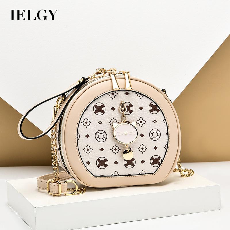 IELGY Túi Đeo Chéo Hình Tròn Nhỏ Có Khóa Kéo In Họa Tiết Phong Cách retro Cho Nữ