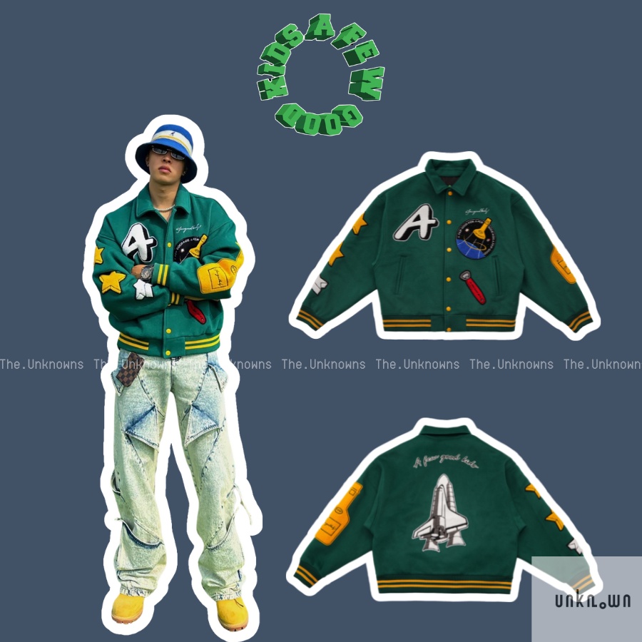 👑 [Mirror Quality]👑 - Áo Varsity Jacket DONCARE ROCKET COLLAGE JACKET" - OLIVE,Áo khoác bomber DONCA