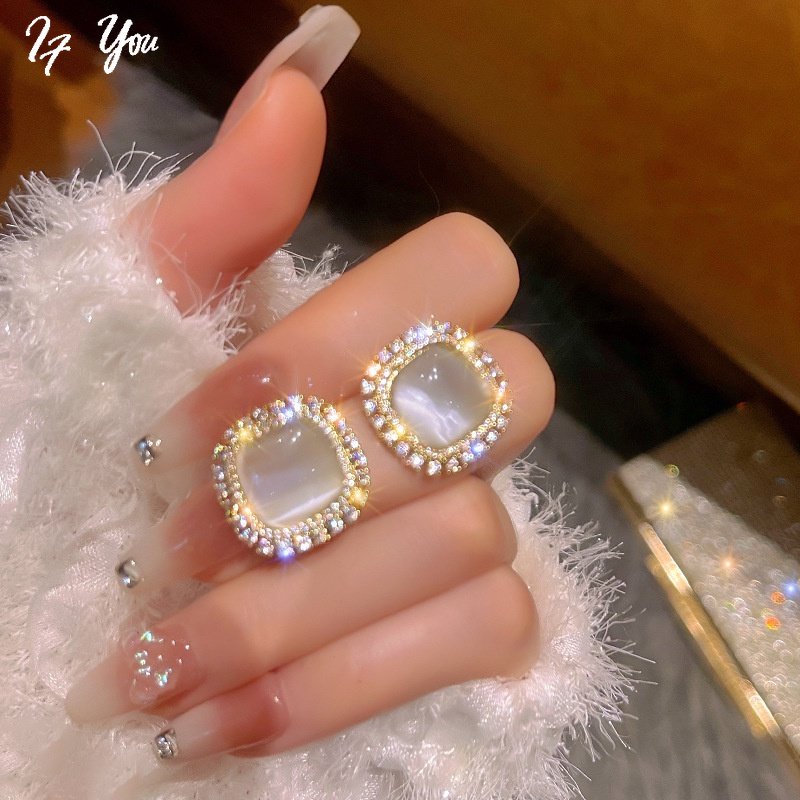 Bông tai nữ AY hình vuông đính đá opal thanh lịch thời trang