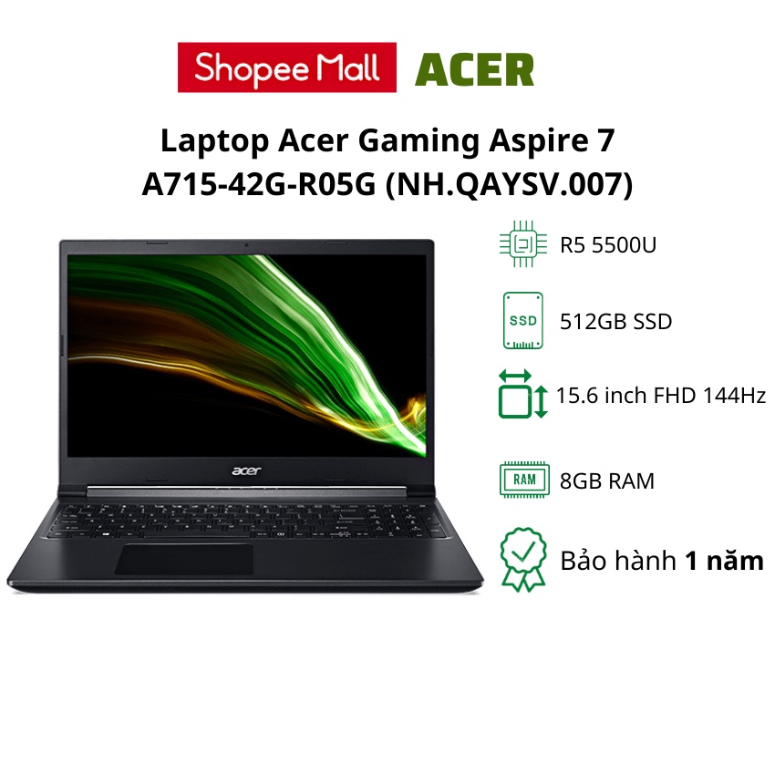 Laptop Acer Aspire 7 A715-42G-R05G/AMD R5 5500U/RAM 8GB/512GB SSD/GTX 1650/15.6&quot; FHD