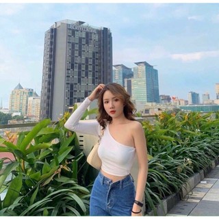 Áo croptop tay dài 1 bên lệch vai chất bozip thun
