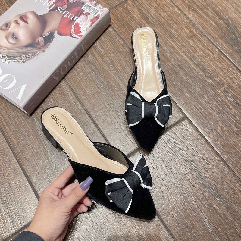 Bán Sỉ- Dép sục mũi nhọn da lộn nơ viền