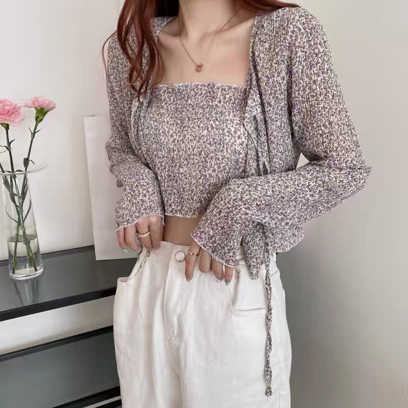 Set áo voan hoa nhí cột nơ ngực nhiều màu phong cách Hàn Quốc Lovi
