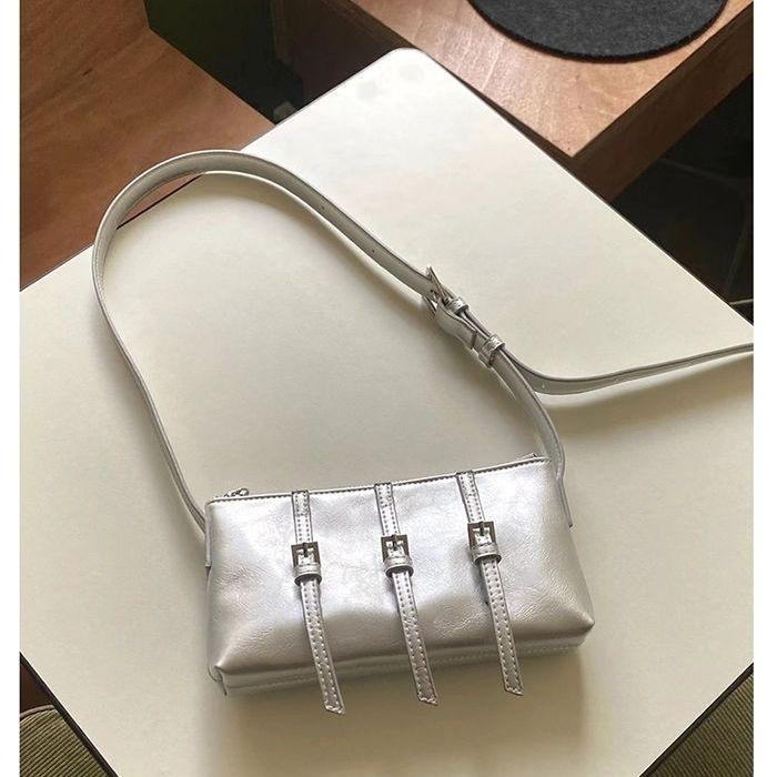ins design belt decoration shoulder underarm bag silver portable small bag niche retro personalized messenger bag women's XKEI