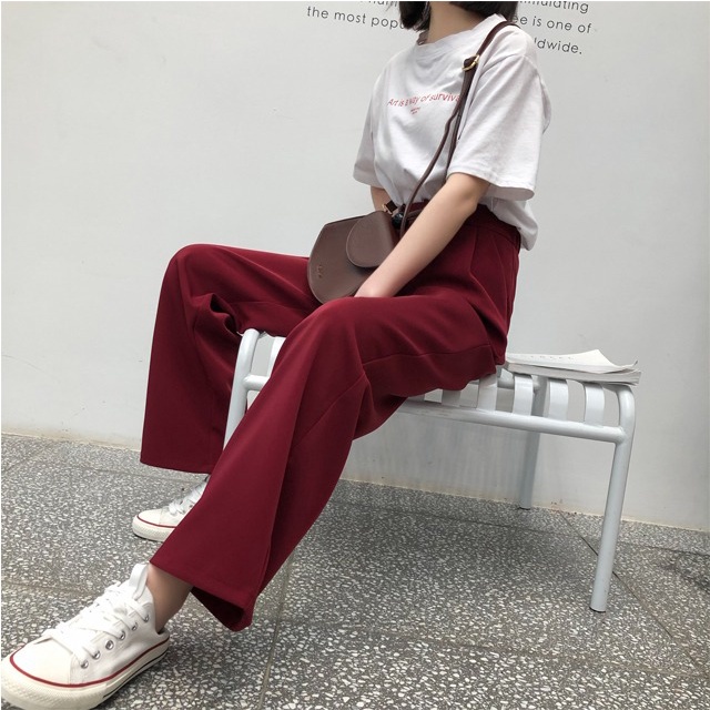 ❧✇C & M Quần Dài Ống Rộng Dáng Suông Lưng Cao Màu Đỏ Rượu Vang Cho Nữ