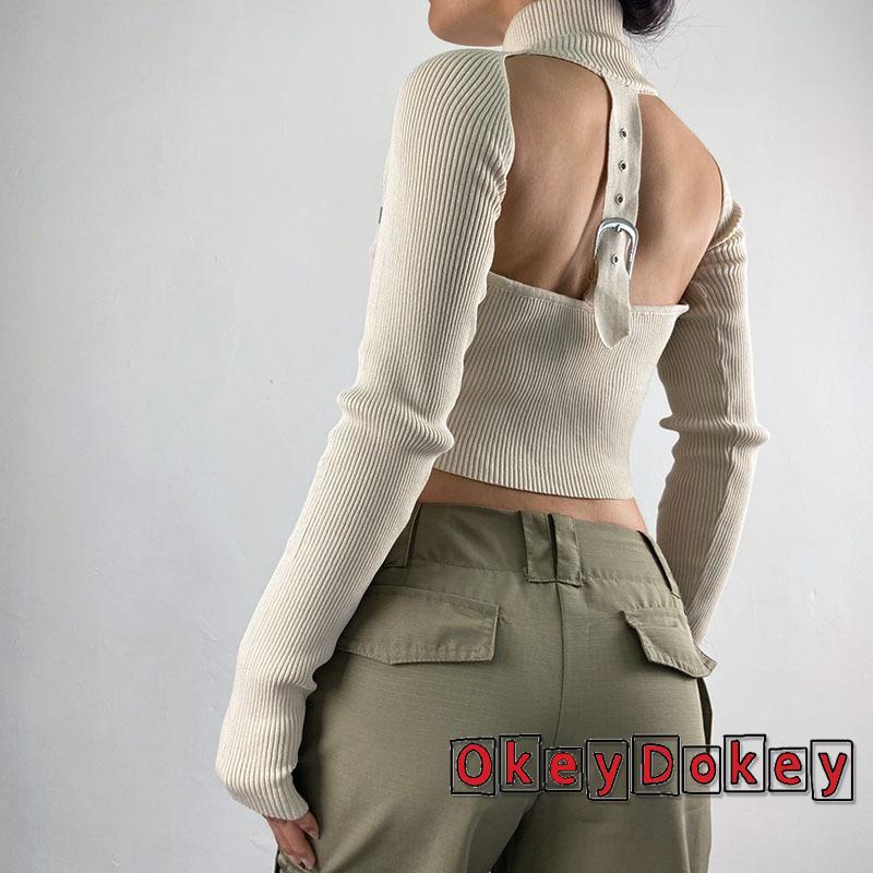 Áo Croptop Dệt Kim Dài Tay Cổ Cao Hở Lưng Phối Khóa Kéo Cho Nữ Y2K