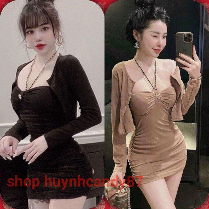 Sét Bộ ĐẦM phối XÍCH ôm BODY+ÁO KHOÁC QT tay dài cúp nhúng nơ ngực dáng ôm sexy Thời Trang Cho Nữ