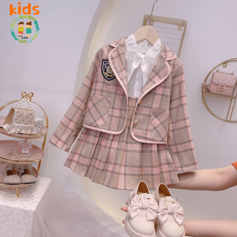 Bộ Áo Khoác Sơ Mi + Áo Khoác + Chân Váy Ba Mảnh Phong Cách Anh Quốc Thời Trang Xuân Thu Cho Bé Gái 3-5 - 8-10 - 12-13 Tuổi