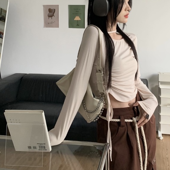 Áo kiểu SUXI tay dài ôm dáng vừa vặn phối dây rút thời trang xuân hè dành cho nữ