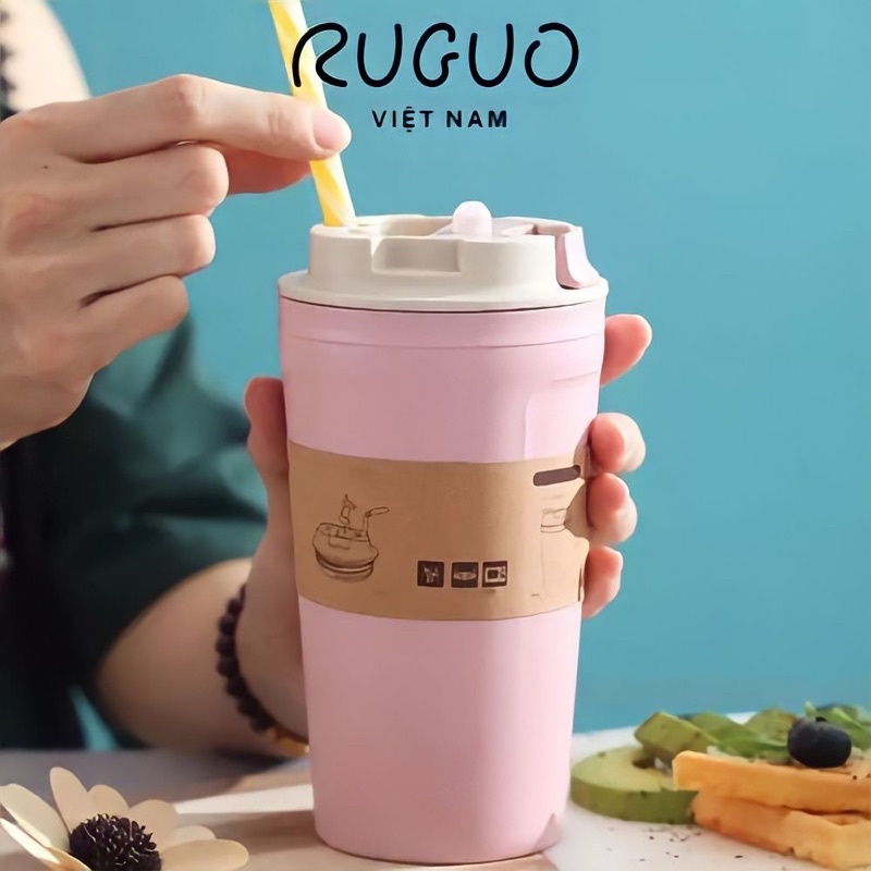Bình Nước Lúa Mạch 420ml Màu Hồng Pastel Cách Nhiệt An Toàn Sức Khỏe Bảo Vệ Môi Trường