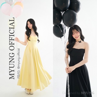 MYUNG - Đầm cúp xếp dáng dài hai màu vàng đen - FANIE DRESS