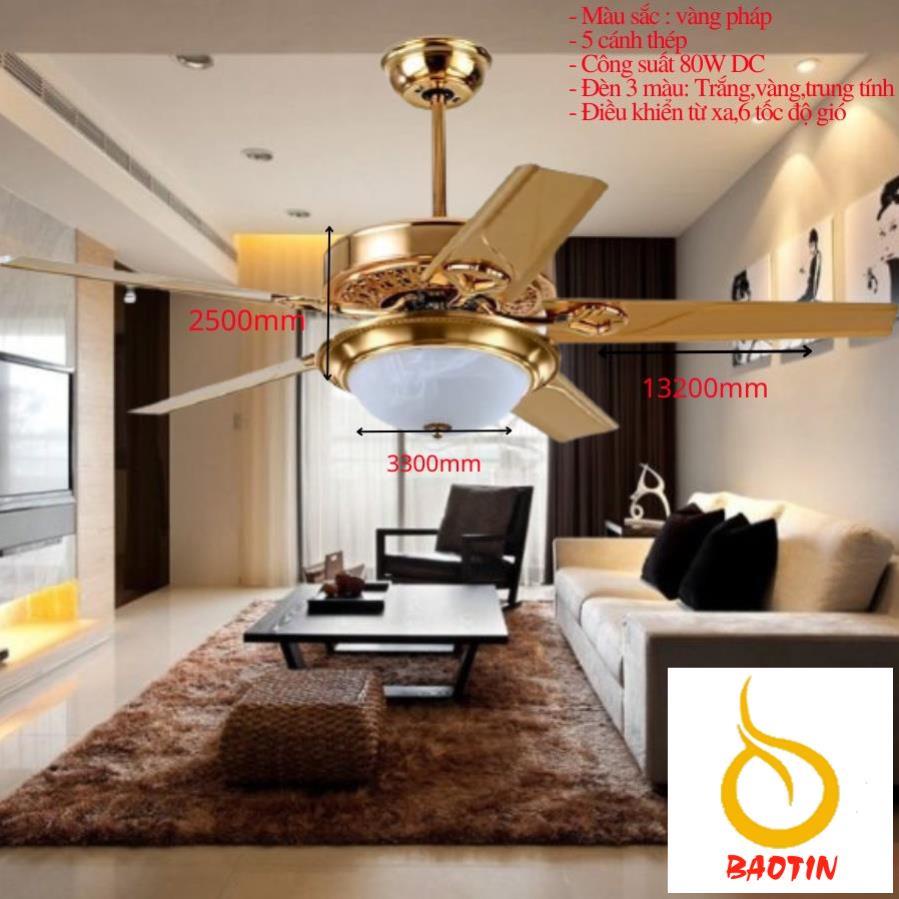 Quạt trần đèn cánh thép mạ đồng lõi đồng 100 % - 5 cánh - điều khiển từ xa