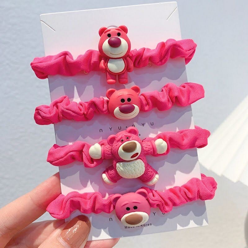 Buộc tóc scrunchies gấu dâu hồng lotso set 5 mẫu hot trend hàn quốc De Perier