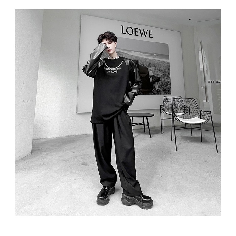 Áo Thun Tay Dài Cổ Tròn In Họa Tiết Kim Loại Phối Da Thời Trang Mùa Thu Mới Cho Nam