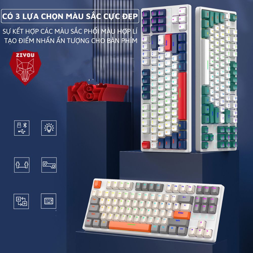 Bàn Phím Cơ Không Dây Ziyou K87BT HOTSWAP - LED RGB,Type C, Bluetooth 5.0, Wireless 2.4G Cho PC/ laptop/ ĐT/ Mac/ Tablet