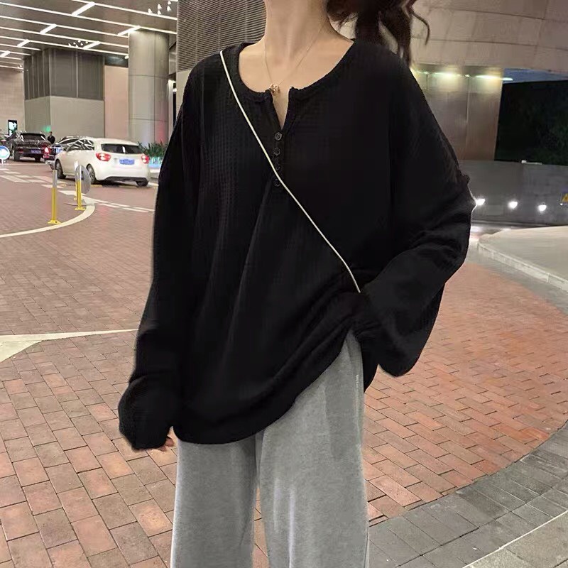 Áo thun tay bo khuy ngực ulzzang dáng rộng chất tổ ong Freesize form dưới 62kg có 3 màu (bán sỉ)