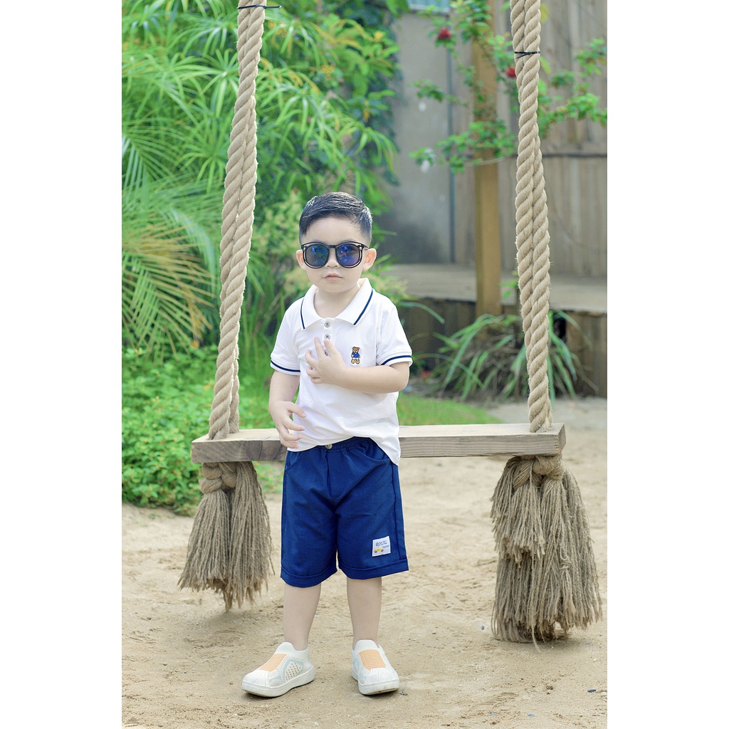 Áo Polo cho bé, áo bé trai có cổ chất cotton 4 chiều thêu hình gấu