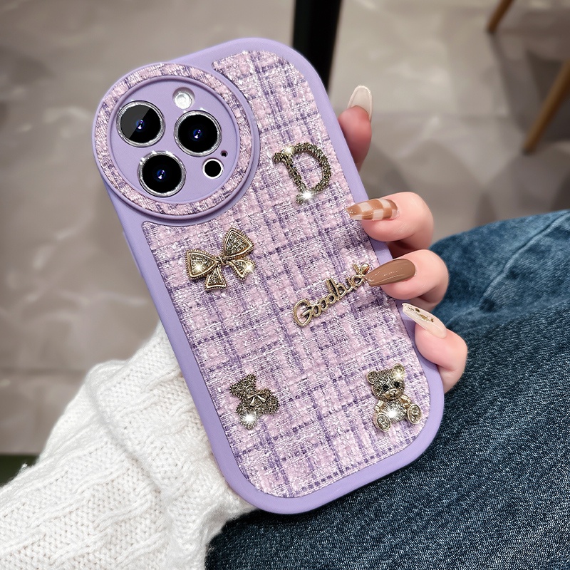 Ốp Điện Thoại Vải Mềm Đính Nơ Hình Gấu Cho iPhone 14 Pro Max 12 13 iPhone 11
