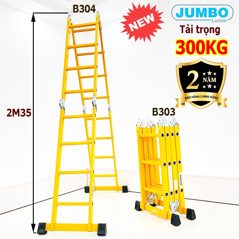 Thang nhôm gấp xếp 4 đoạn đa năng JUMBO B303-1.7m , B304-4.7m. 14 tư thế sử dụng, Nhôm dày cao cấp
