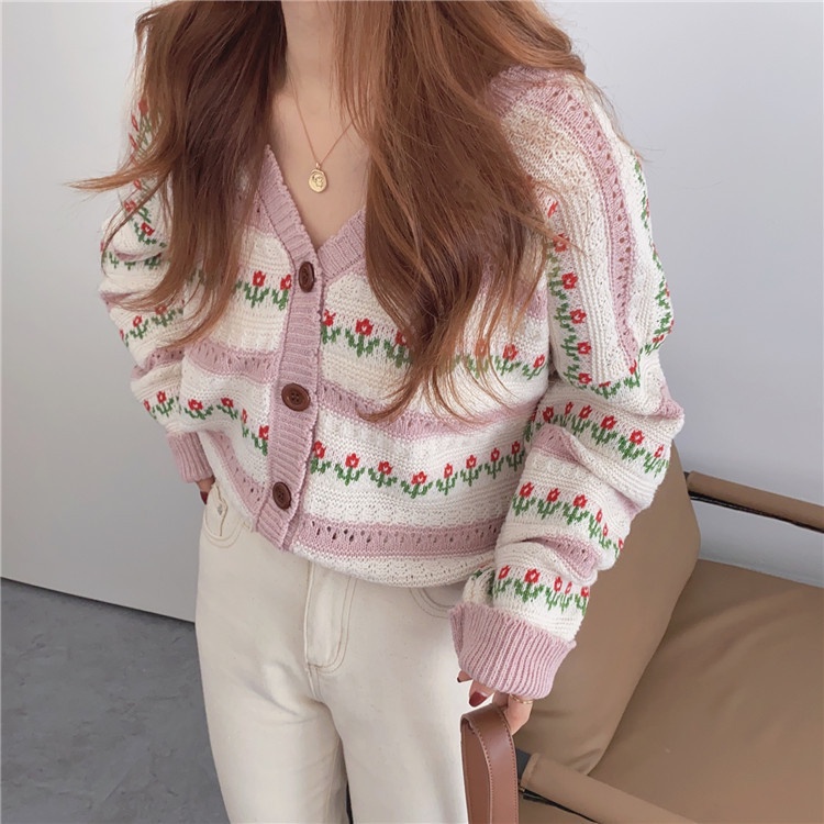 IELGYÁo Khoác cardigan Họa Tiết Hoa Phong Cách retro Hàn Quốc Dễ Phối Đồ Cho Nữ