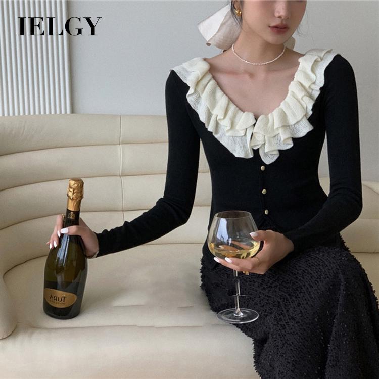 Áo cardigan Dệt Kim Cổ Thấp Lưng Cao Phối Ren Kiểu Pháp Xinh Xắn Cho Nữ