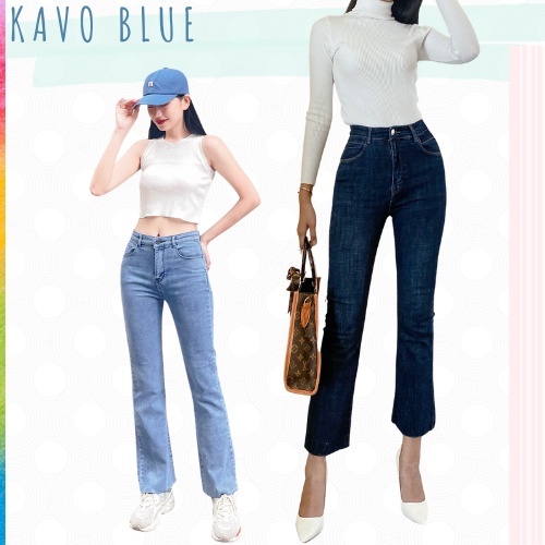 Quần Bò Nữ Ống Loe Lưng Cao KAVO BLUE Tua Gấu