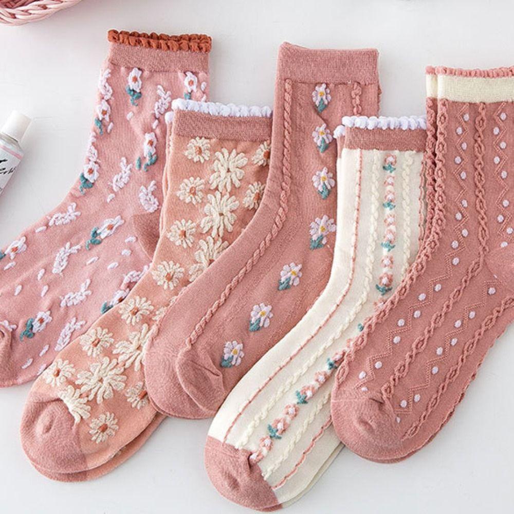 AROMA Vớ Cotton Dày Dặn Ấm Áp Thêu Họa Tiết Hoa Dễ Thương Thời Trang Mùa Đông Cho Nữ