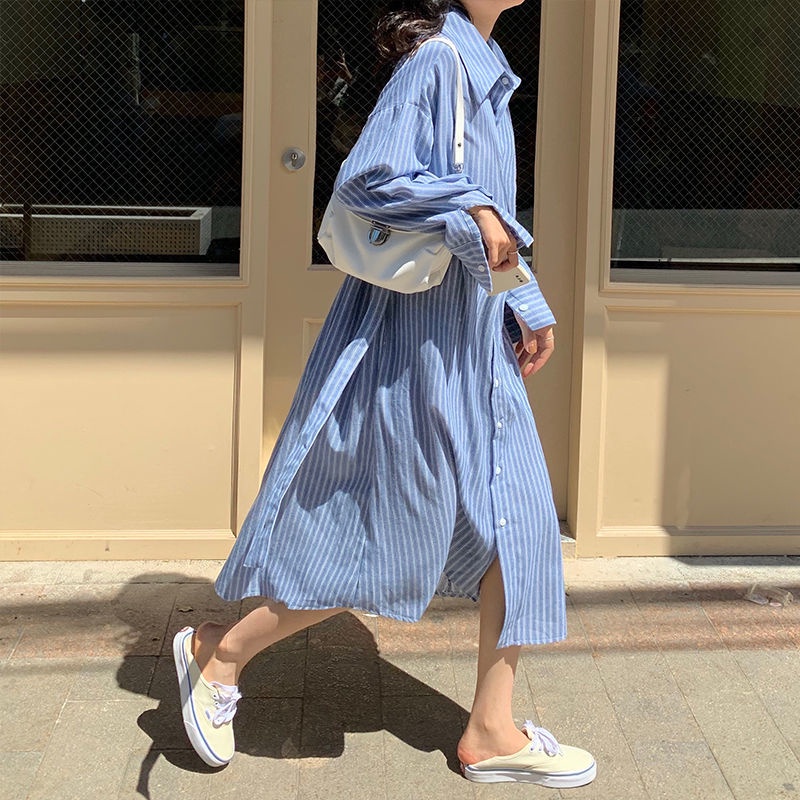 IELGY IELGY Đầm Tay Dài Dáng Rộng Họa Tiết Kẻ Sọc Phong Cách Pháp Thời Trang Cho Nữ