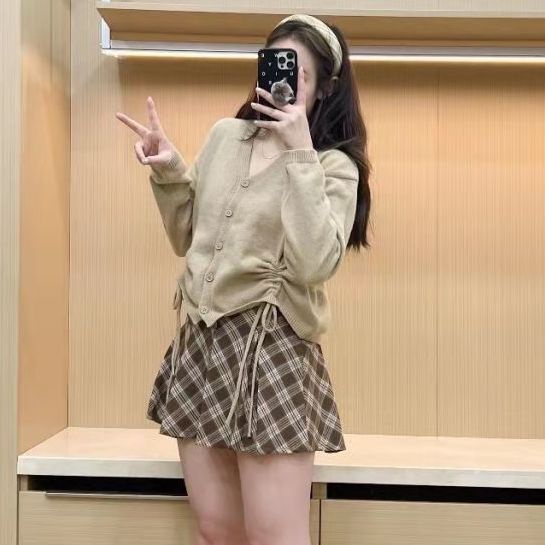 Plus Bộ Áo Sweater + Chân Váy Xếp Ly Sọc Ca Rô Phối Dây Rút Thời Trang Xuân Thu 2022 Cho Nữ
