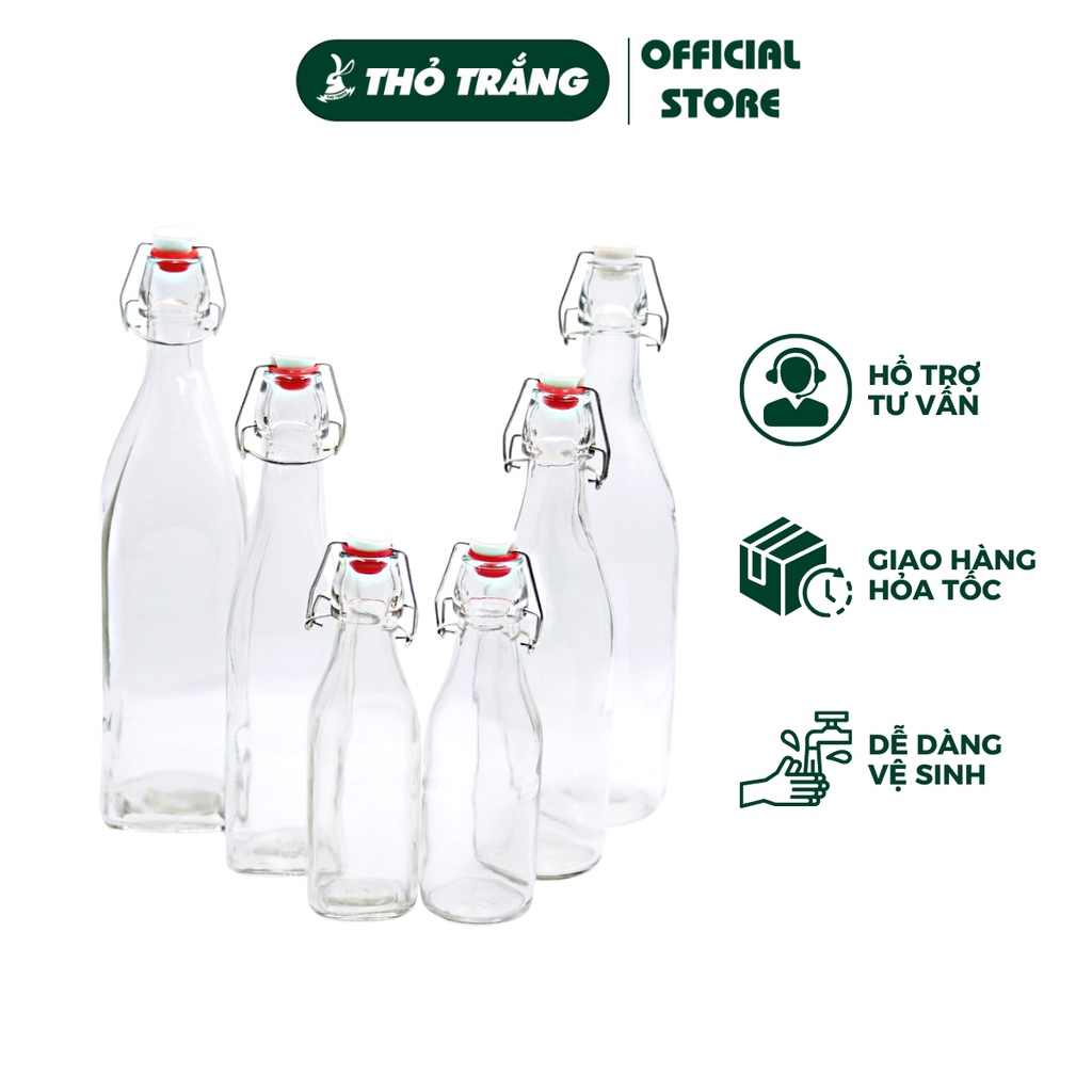 Chai thủy tinh (250ml/500ml/1000ml) nắp quai cài trong suốt (chai tròn vuông ngẫu nhiên)