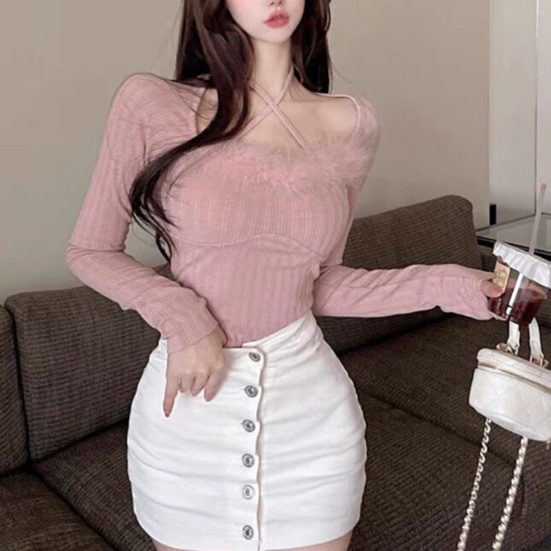 IELGY IELGY Áo sweater Dệt Kim Một Bên Vai Tay Dài Dáng Ôm Thời Trang Cho Bạn Gái