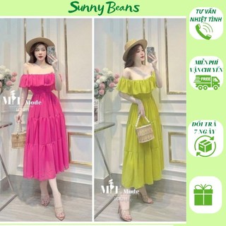 Váy trễ vai bèo tầng chất đũi mặc xinh đi biển