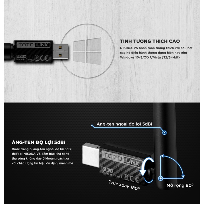 USB WiFi chuẩn N 150Mbps TOTOLINK N150UA-V5 Sử dụng cho PC Laptop dễ sử dụng