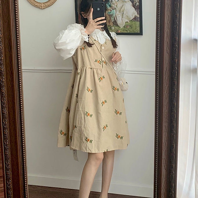 H.A.N STORE  CÓ SẴN - Váy/ Đầm babydoll vải nhung gạch thêu hoa màu be