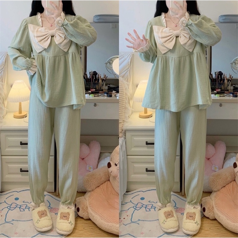 Đồ Ngủ Style Hàn Quốc Tiểu Thư XÔ MUSLIN Nơ Ulzzang