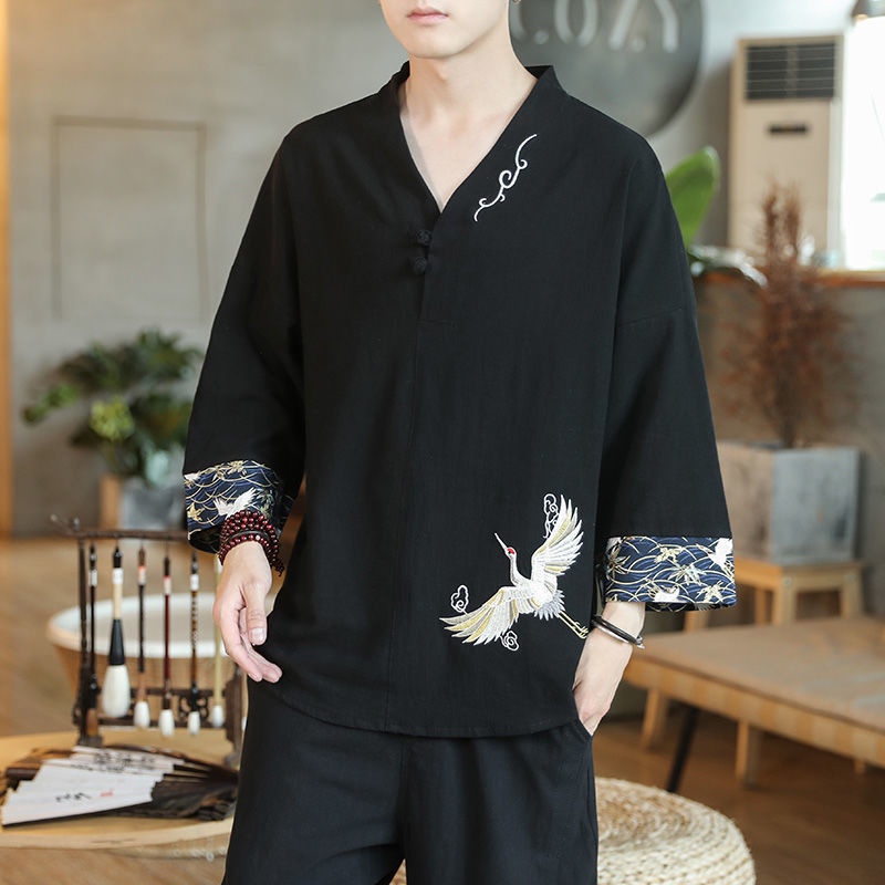 Áo Thun cotton Lanh Cổ Chữ v Tay Lửng Dáng Rộng Thoáng Khí Thêu Họa Tiết Phong Cách Trung Hoa Cổ Điển Thời Trang Cho Nam
