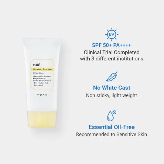 Kem Chống Nắng Mỏng Nhẹ, Cấp Ẩm Cho Da Klairs All Day Airy Sunscreen SPF50+ PA++++ 50g - MẪU MỚI
